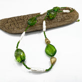 Green Amber & Pearl Flame Beads Necklace