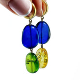 Multi-Color Amber Nugget Dangle Earrings 14k Gold Plated