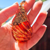 Carved Amber Drop Shape Pendant 14k Gold Plated