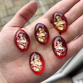 Red & Blue Amber Engraved Fairies Oval Shape Cabochons