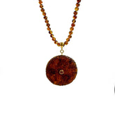 Cognac Amber Tablet Pendant Beaded Necklace 14K Gold Plated