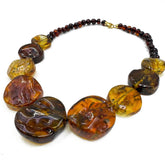 Fossil Amber Tablet Beads Necklace 14k Gold Plated