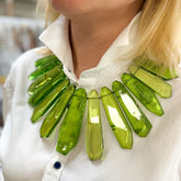 Green Amber Tablet & Crystal Beads Necklace Sterling Silver