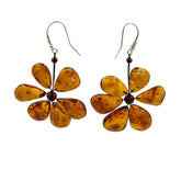 Cognac Amber Flower Free Shape Dangle Earrings Sterling Silver