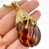 Carved Amber Drop Shape Pendant 14k Gold Plated