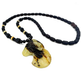 Milky & Black Amber Carved Pendant Beaded Necklace