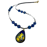 Blue Engraved Amber Drop Pendant Beaded Necklace