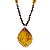Cognac Amber Flame Pendant Beaded Necklace - Amber Alex Jewelry