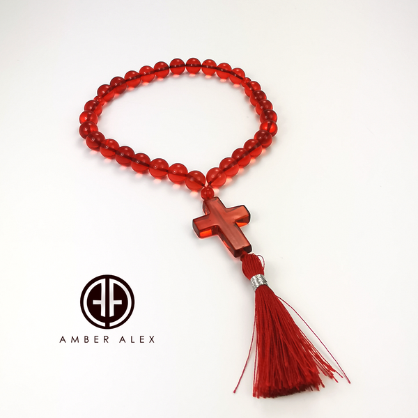 Red Amber Olive Beads Catholic Rosary With Cross Pendant