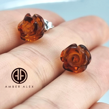 Cognac Amber Carved Rose Stud Earrings Sterling Silver