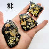 Cherry Amber Engraved Red Crowned Crane Free Shape Slab