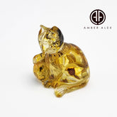 Fossil Amber Carved Cat Figurine With Insects