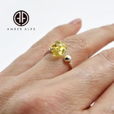 Lemon Amber Round Bead Adjustable Ring Sterling Silver