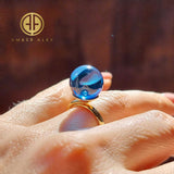 Blue Amber Round Bead Adjustable Ring 14K Gold Plated