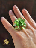 Green Amber Drop Beads Ring 14K Gold Plated
