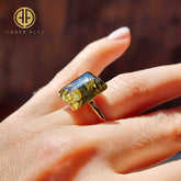 Earth Stone Amber Rectangular Adjustable Ring 14K Gold Plated