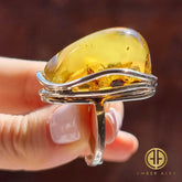 Earth Stone Amber Free Shape Adjustable Ring Sterling Silver