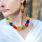 Multi-Color Amber Nuggets Beads Necklace 14k Gold Plated