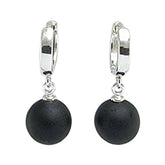 Black Amber Round Dangle Earrings Sterling Silver