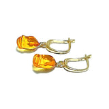 Cognac Amber Carved Roses Dangle Earrings 14k Gold plated