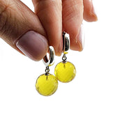 Lemon Amber Faceted Round Dangle Earrings Sterling Silver