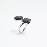 Black Amber Square Shape Adjustable Ring Sterling Silver