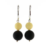 Black & White Amber Round Beads Dangle Earrings Sterling Silver