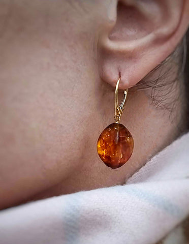 Cognac Amber Twisted Olive Dangle Earrings 14K Gold Plated