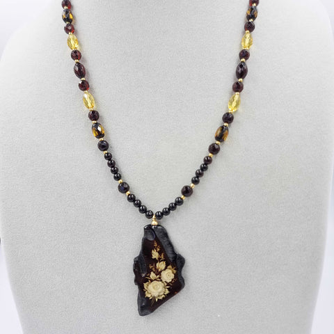 Cherry Amber Engraved Rose Slab Pendant Beaded Necklace