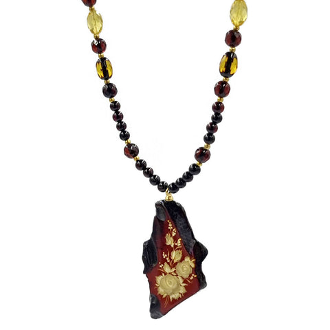 Cherry Amber Engraved Rose Slab Pendant Beaded Necklace