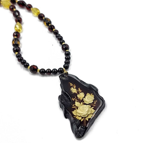 Cherry Amber Engraved Rose Slab Pendant Beaded Necklace