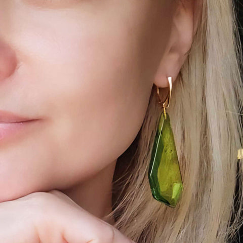 Green Amber Crystal Dangle Earrings 14k Gold Plated