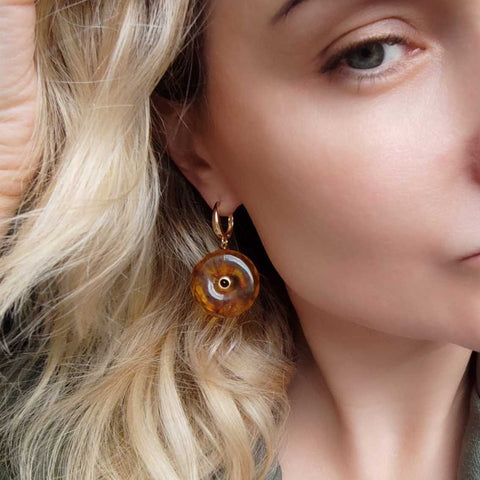 Light Cognac Amber Tablet Dangle Earrings 14K Gold Plated