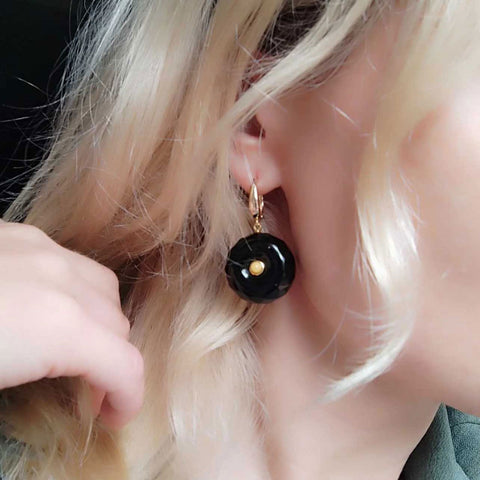 Black Amber Tablet Dangle Earrings 14K Gold Plated