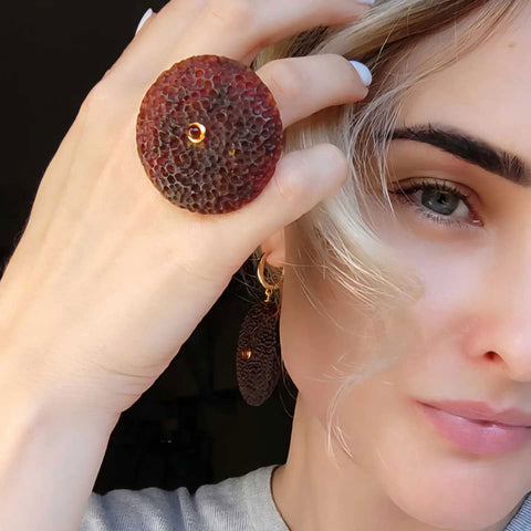 Cherry Amber Tablet Adjustable Ring 14k Gold Plated