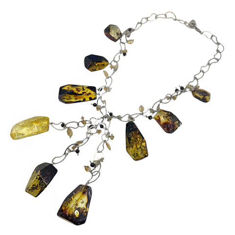 Two Tone Amber Nugget Beads Necklace Stainless Steel
