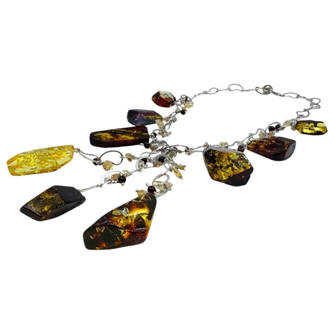 Two Tone Amber Nugget Beads Necklace Stainless Steel
