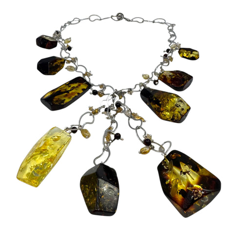 Two Tone Amber Nugget Beads Necklace Stainless Steel