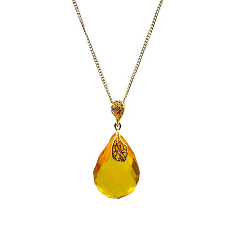Lemon Amber Faceted Drop Pendant & Chain Necklace 14K Gold Plated