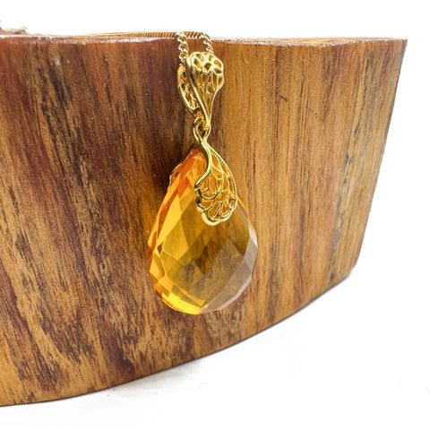 Lemon Amber Faceted Drop Pendant & Chain Necklace 14K Gold Plated