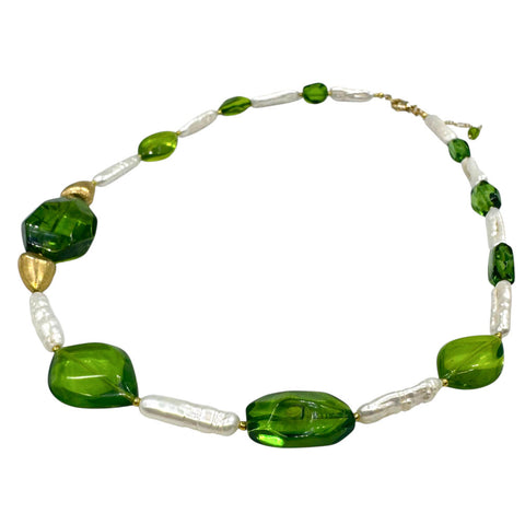 Green Amber & Pearls Nugget Beads Necklace