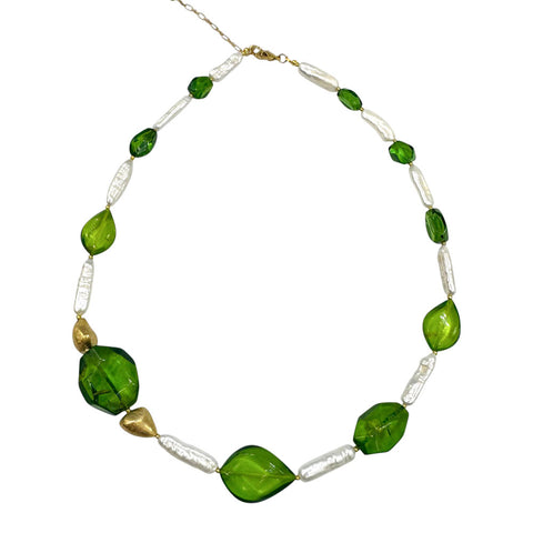 Green Amber & Pearls Nugget Beads Necklace