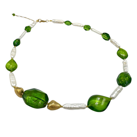 Green Amber & Pearls Nugget Beads Necklace