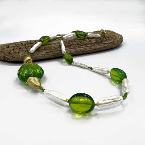Green Amber & Pearls Nugget Beads Necklace