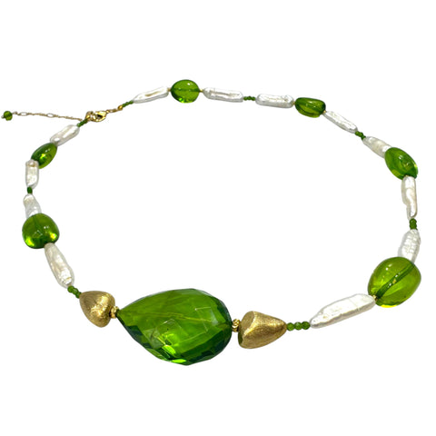 Green Amber & Pearls Nugget Beads Necklace