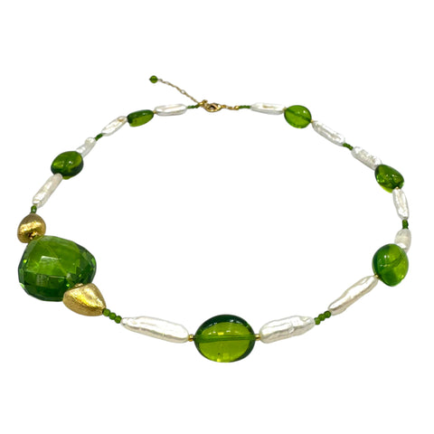 Green Amber & Pearls Nugget Beads Necklace