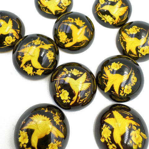 Cherry Amber Engraved Hummingbird Round Shape Cabochons