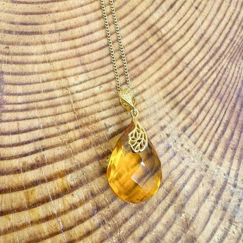 Lemon Amber Faceted Drop Pendant & Chain Necklace 14K Gold Plated
