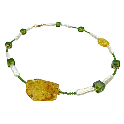 Lemon & Green Amber & Pearl Nugget Beads Necklace