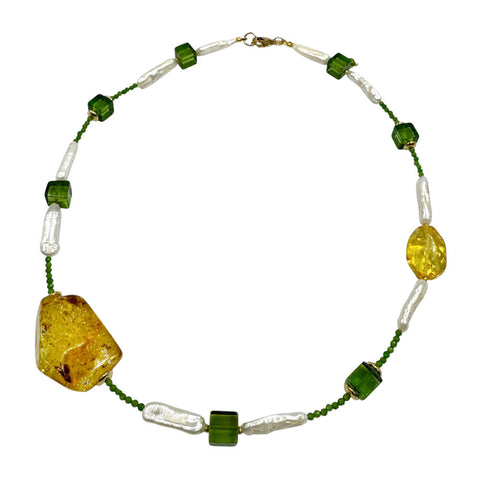 Lemon & Green Amber & Pearl Nugget Beads Necklace